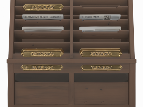 Peri&oacute;dico de pie de madera con detalles en lat&oacute;n y revistas. Modelo 3D