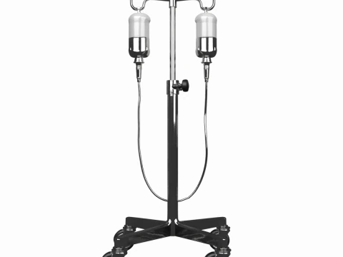 크롬 휠과 4개의 조절 가능한 높이 후크가 있는 프리미엄 의료용 IV 드립 스탠드 3D 모델