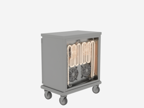 Szczeg&oacute;łowy opis podgrzewacza do tac na posiłki szpitalne z podgrzewanymi p&oacute;łkami i regulacją temperatury Model 3D