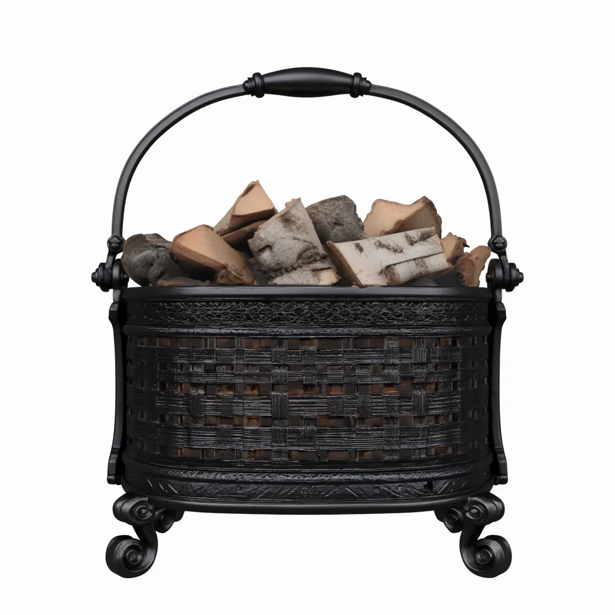 Heavy Cast Iron Log Basket Filled with Wood 3D Model .c4d .max .obj .3ds .fbx .stl .blend 
