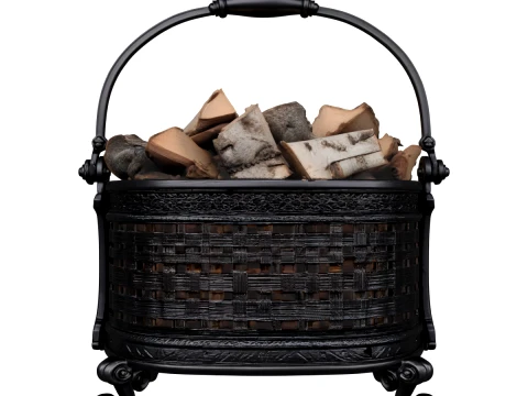 Heavy Cast Iron Log Basket Filled with Wood 3D Model