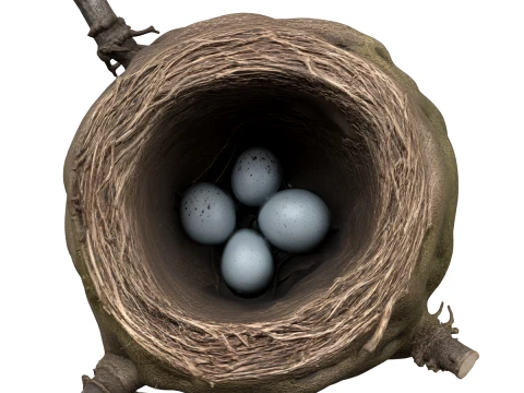 Nido de zorzal com&uacute;n con huevos azules moteados Modelo 3D