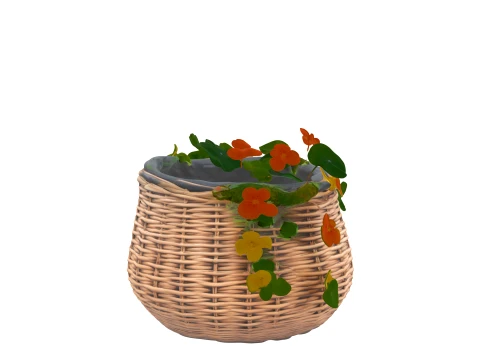 Woven Wicker Planter Basket with Nasturtiums 3D Model