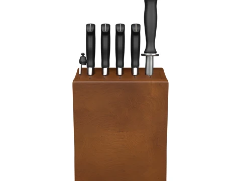 Wooden Knife Block with Sharpening Steel End Grain 3D Model