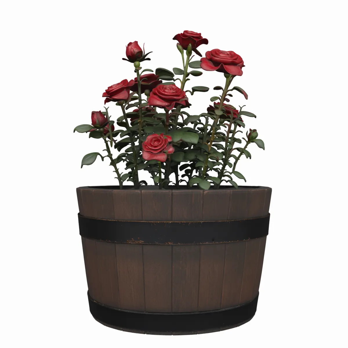 Half Wine Barrel Planter with Blooming Rose 3D Model .c4d .max .obj .3ds .fbx .stl .blend 