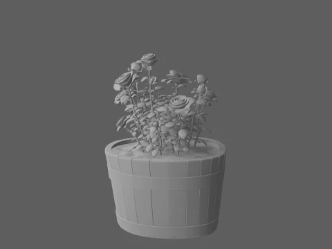 Half Wine Barrel Planter with Blooming Rose 3D Model