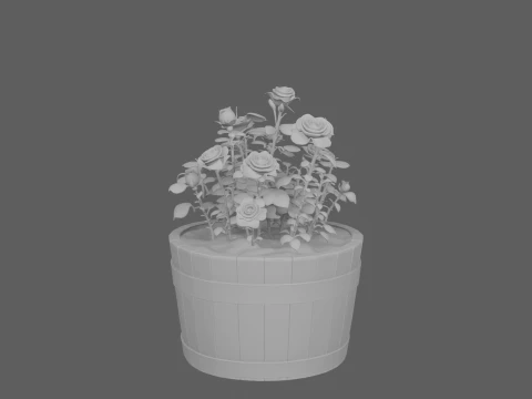 Half Wine Barrel Planter with Blooming Rose 3D Model