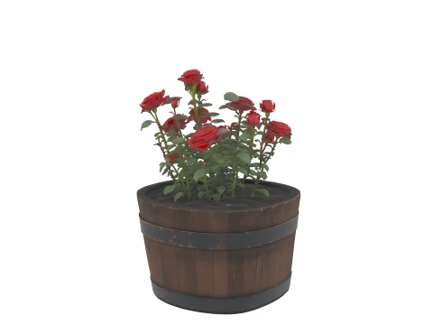 Half Wine Barrel Planter with Blooming Rose 3D Model