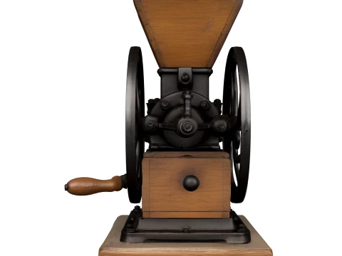 Vintage Hand-Cranked Grain Mill on Oak Bench 3D Model
