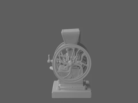 オーク材のベンチに置かれたビンテージの手回し穀物ミル 3Dモデル