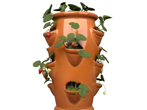 Ceramic Strawberry Planter Pot with Ripe Fruits 3D Model