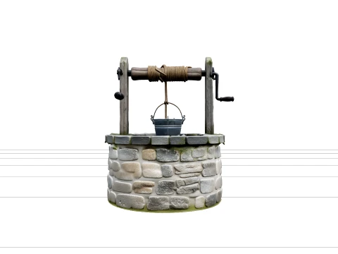 Traditional Round Garden Stone Well with Windlass 3D Model