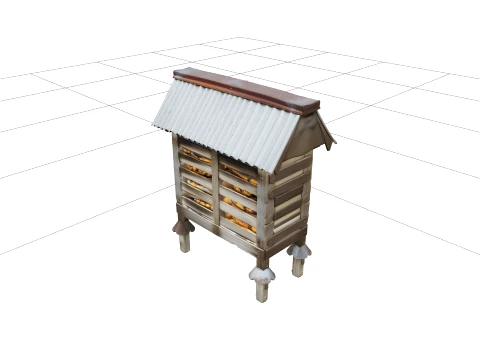 Erh&ouml;hte traditionelle Maiskrippe aus Holz mit Metalldach 3D Modell