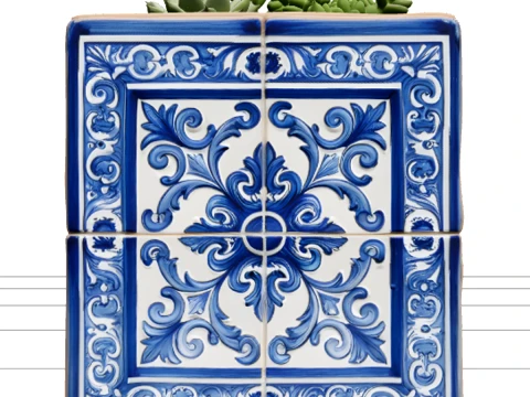 葡萄牙蓝色和白色 Azulejo 瓷砖花盆 3D 模型