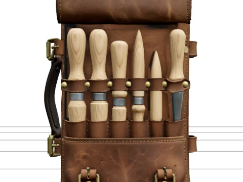 Garden Dibber Set in Leather Roll with Wooden Tools 3D Model