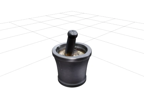 Large Cast-Iron Mortar and Pestle with Dried Herbs 3D Model