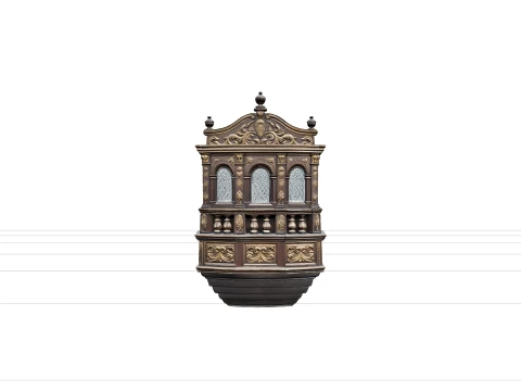 Galleon Stern Gallery Carved Wood Model with Leaded Glass 3D Model