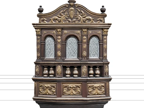 Galleon Stern Gallery Carved Wood Model with Leaded Glass 3D Model