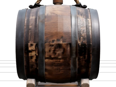 Modèle de tonneau de rhum en bois, bandes de fer, poignée en corde de bonde bouchée Modèle 3D