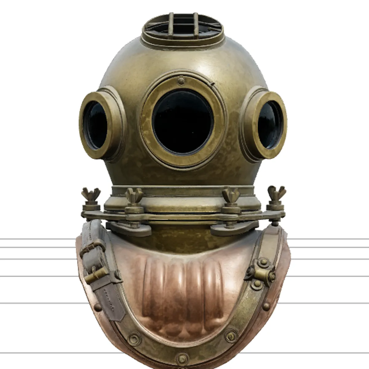 Mark V Brass Diver Helmet Model with Three Glass Viewports 3D Model .c4d .max .obj .3ds .fbx .stl .blend 