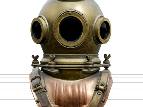 Mark V Brass Diver Helmet Model with Three Glass Viewports Modello 3D