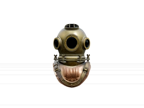 Mark V Brass Diver Helmet Model with Three Glass Viewports 3D Model