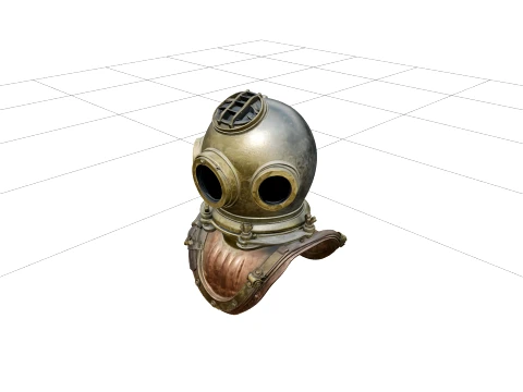 Mark V Brass Diver Helmet Model with Three Glass Viewports 3D Model