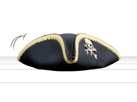Pirate Tricorn Hat Model with Gold Ribbon Feather Brooch 3D Model