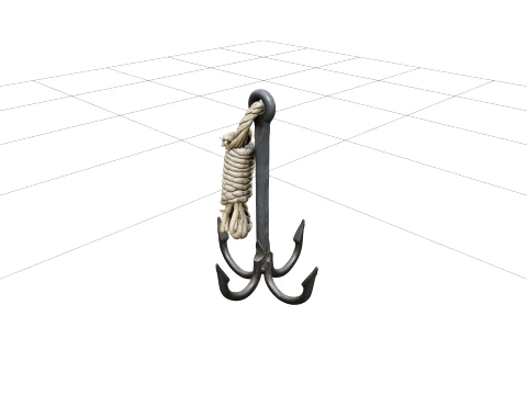 Iron Grappling Hook Model Coiled Rope Salt Worn Texture 3D Model