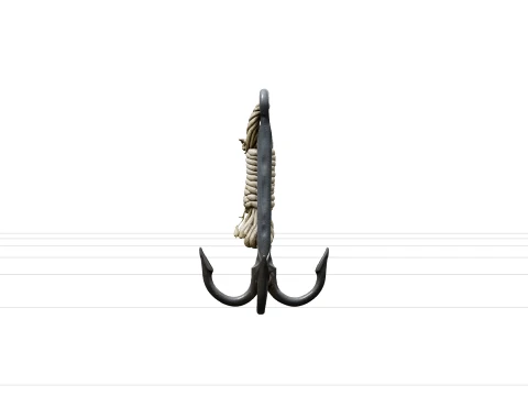 Iron Grappling Hook Model Coiled Rope Salt Worn Texture 3D Model