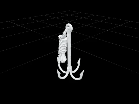 Iron Grappling Hook Model Coiled Rope Salt Worn Texture 3D Model