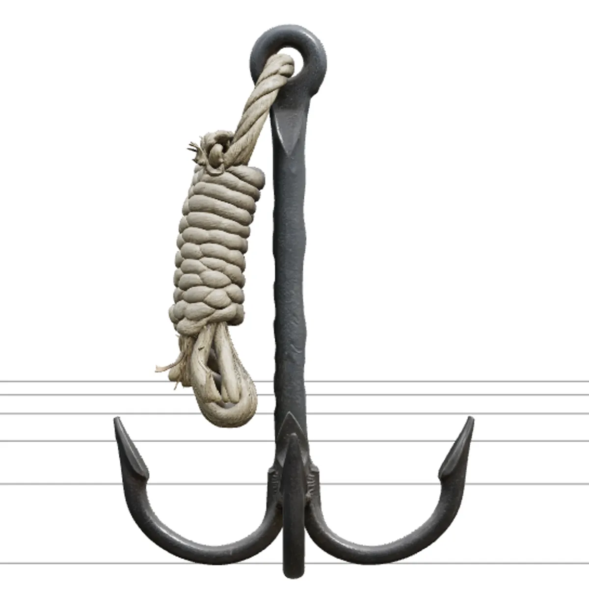 Iron Grappling Hook Model Coiled Rope Salt Worn Texture 3D Model .c4d .max .obj .3ds .fbx .stl .blend 