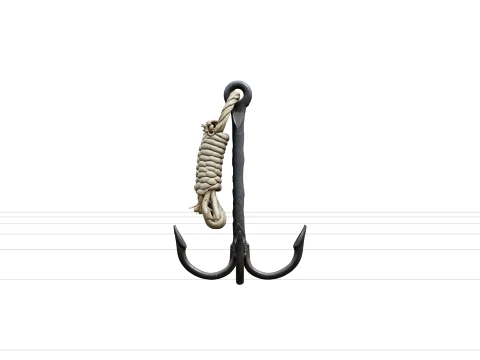 Iron Grappling Hook Model Coiled Rope Salt Worn Texture 3D Model