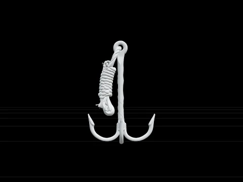 Iron Grappling Hook Model Coiled Rope Salt Worn Texture 3D Model