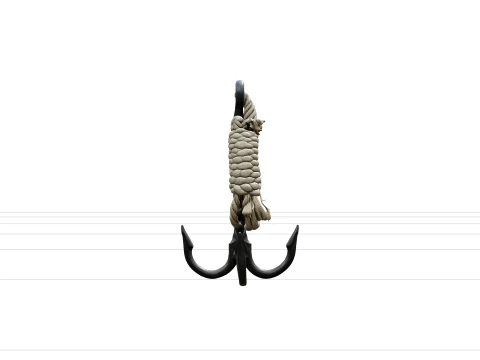 Iron Grappling Hook Model Coiled Rope Salt Worn Texture 3D Model