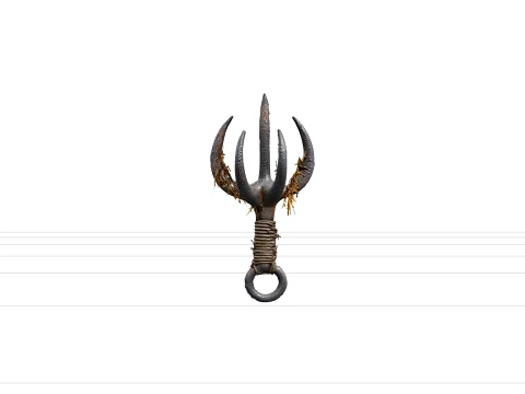 Rusted Wrought Iron Grappling Hook Model With Rope And Seaweed 3D Model
