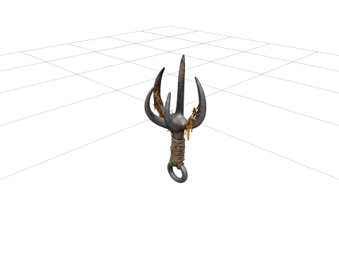 Rusted Wrought Iron Grappling Hook Model With Rope And Seaweed 3D Model