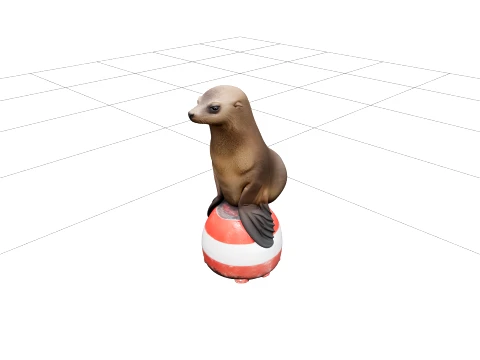 Realistic Sea Lion Balancing on Red White Buoy Model 3D Model