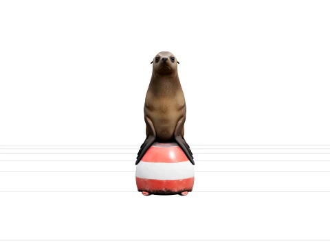 Realistic Sea Lion Balancing on Red White Buoy Model 3D Model