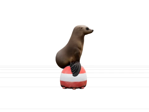 Realistic Sea Lion Balancing on Red White Buoy Model 3D Model