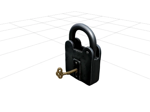 Pirate Forge Iron Padlock Model with Curved Shackle and Key 3D Model