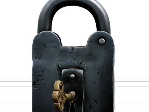 Pirate Forge Iron Padlock Model with Curved Shackle and Key 3D Model