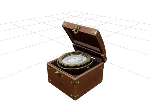 Brass Gimbal Compass Wooden Box Hinged Lid High Detail Model 3D Model