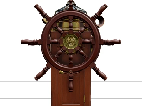 Ship Wheel Helm Mahogany Eight Spoke Brass Compass Model 3D Model
