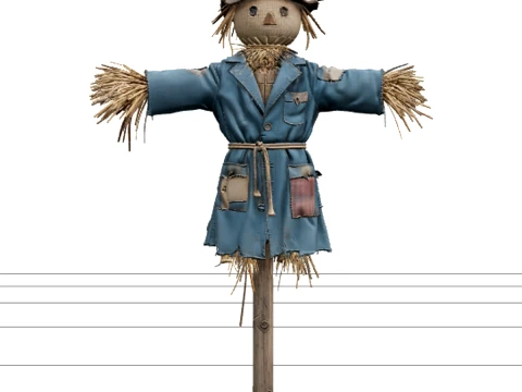 Patchwork Scarecrow with Teal Coat and Straw Hands Modelo 3D