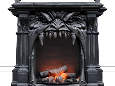 Gothic Fireplace with Monster Mouth and Orange Embers Modelo 3D