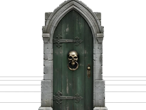 Haunted Front Door with Stone Frame and Skull Knocker Modelo 3D