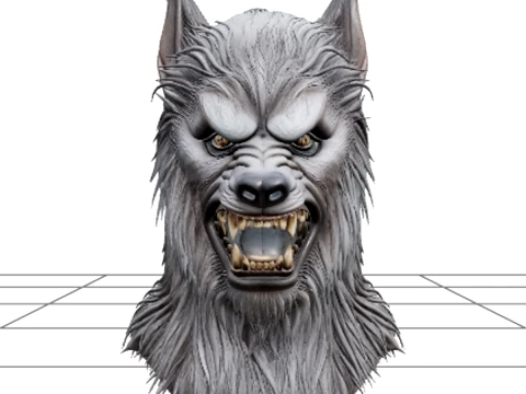 Werewolf Mask with Gray Fur and Cream Fangs Asset 3D Model