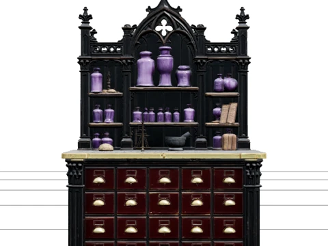 Gothic Apothecary Counter with Purple Jars 3D Model