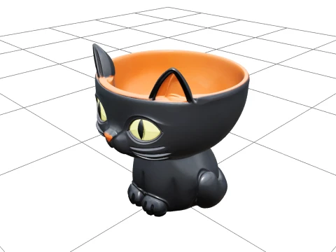 Black Cat Candy Bowl with Orange Glaze and Curled Tail 3D Model